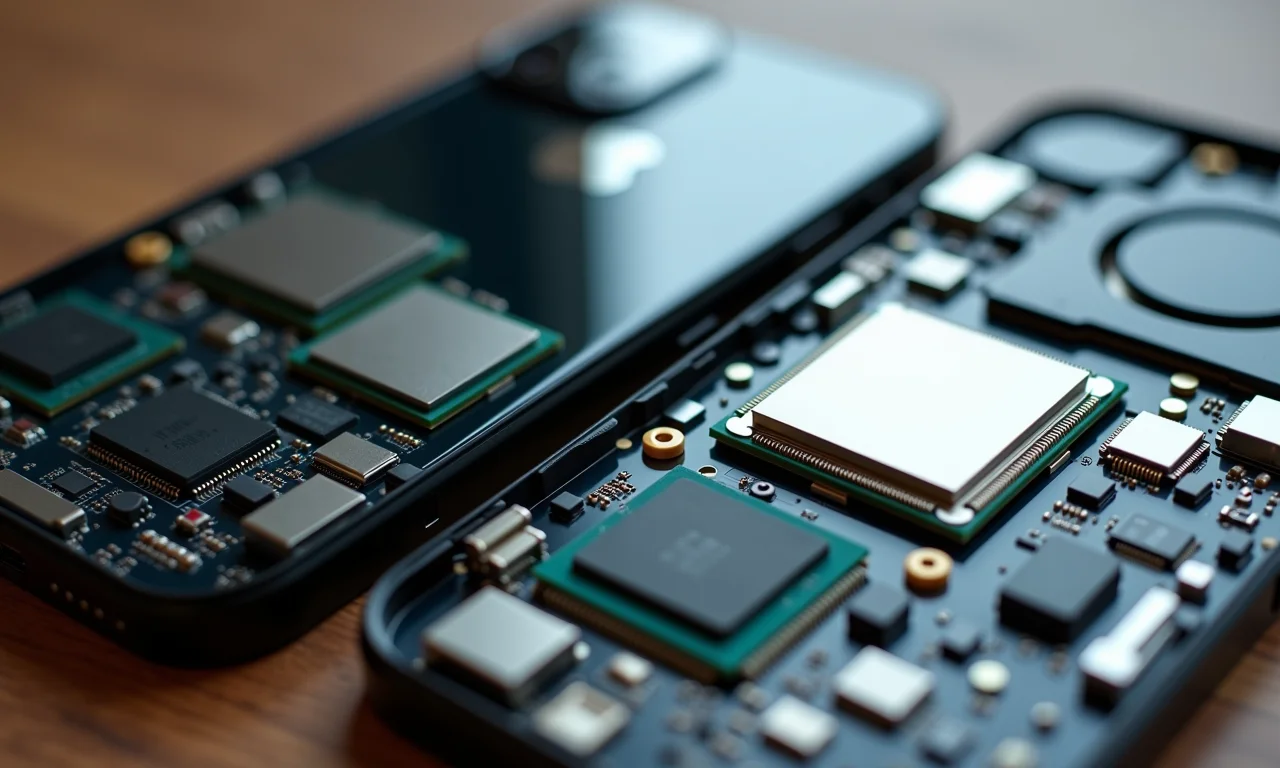Componentes internos de dois iPhones mostrando os processadores.