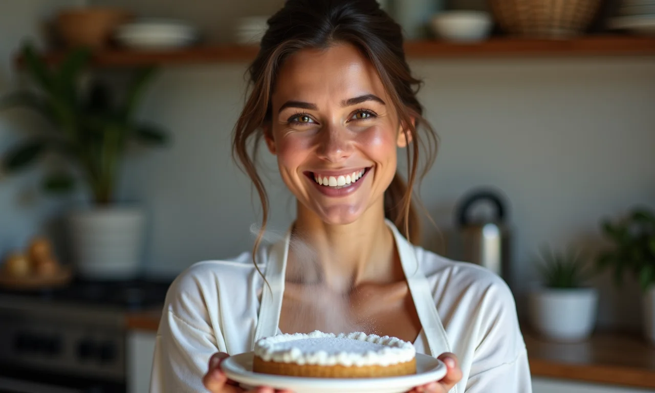 Confeiteira polvilhando açúcar de confeiteiro nos bem casados.