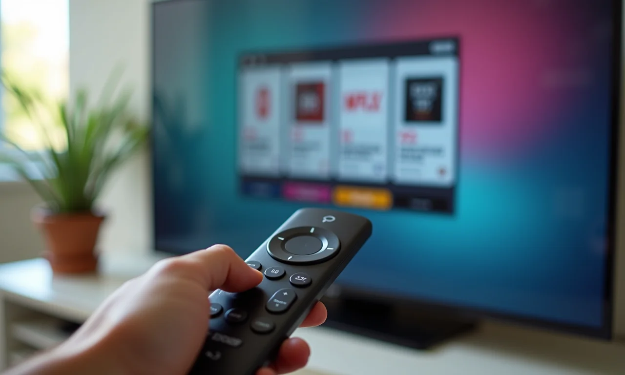 Controle remoto apontado para tela da TV mostrando aplicativo de compras.