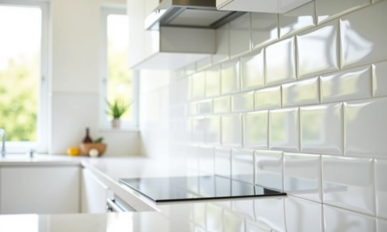 Cozinha com backsplash de azulejos brancos e rejunte resinado.