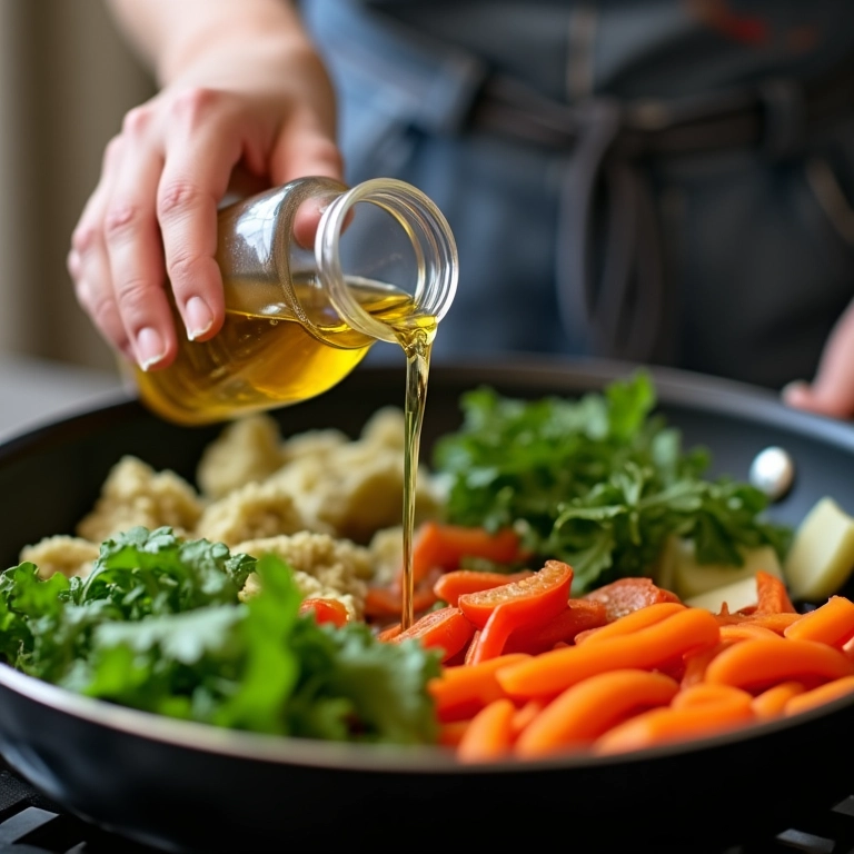 Cozinheira adicionando óleo vegetal a legumes frescos em uma panela.