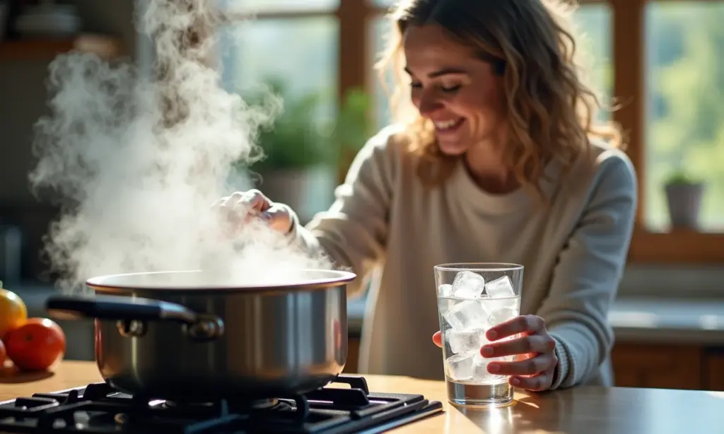 Cozinheira sorrindo ao lado do fogão, contrastando com gelo derretendo, representando calor sensível e latente.