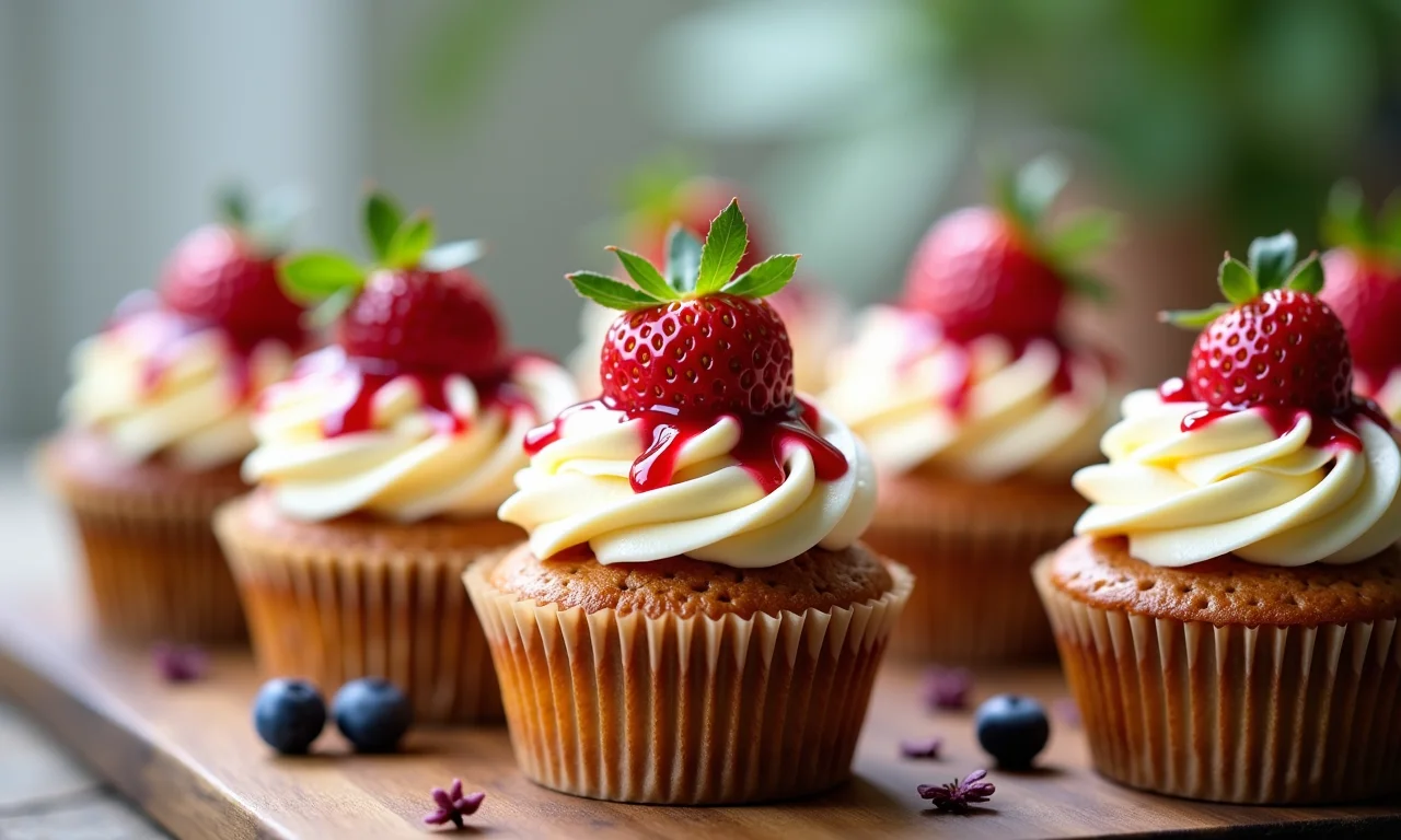 Cupcakes veganos decorados com chantilly vegetal e frutas vibrantes.