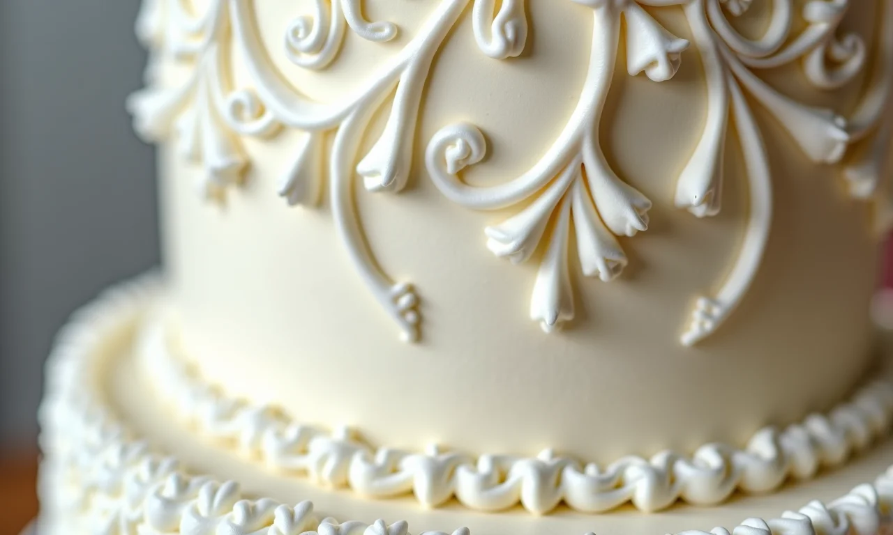 Detalhe de bolo de casamento com decoração intrincada em glacê real.