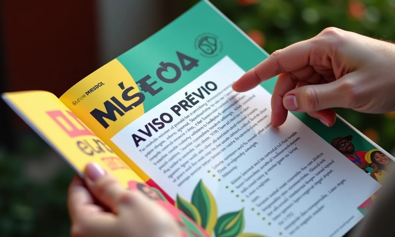 Detalhe de mãos apontando para seção 'Aviso Prévio' em guia de direitos trabalhistas.