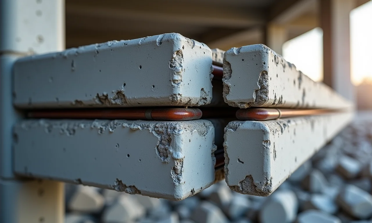 Detalhe de vigas de concreto armado com ferragens internas.