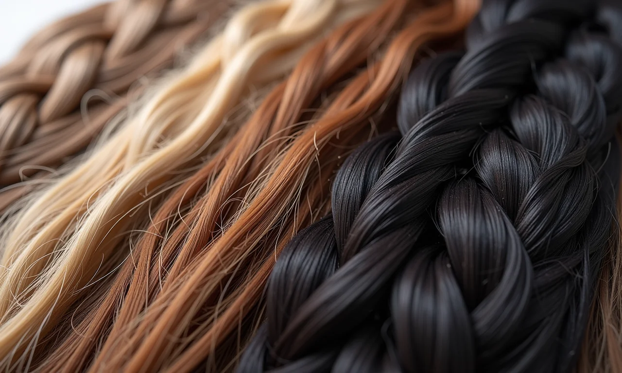 Detalhes de fibras sintéticas e cabelos humanos em perucas.