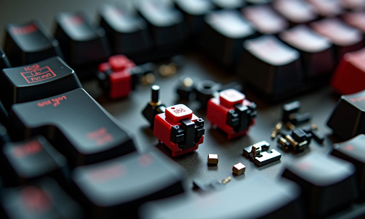 Detalhes dos switches Cherry MX, padrão em teclados mecânicos.