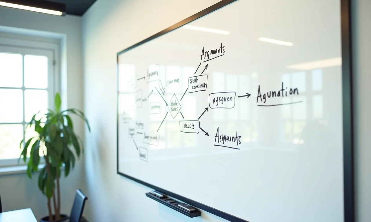Diagrama de argumentos interconectados em um quadro branco em escritório brasileiro moderno.