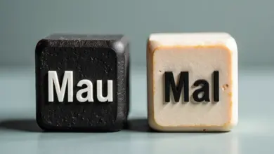 Diferença entre 'Mal' e 'Mau' representada por blocos de texto com texturas contrastantes.