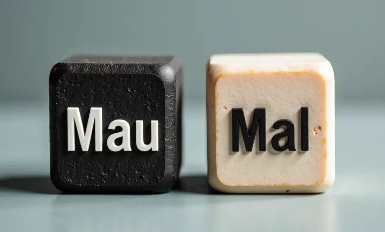 Diferença entre 'Mal' e 'Mau' representada por blocos de texto com texturas contrastantes.