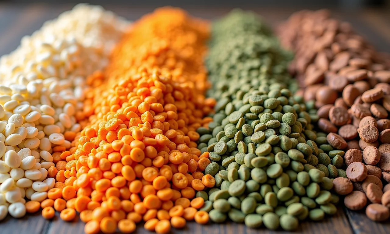 Diferentes tipos de ração de galinha exibidos lado a lado.