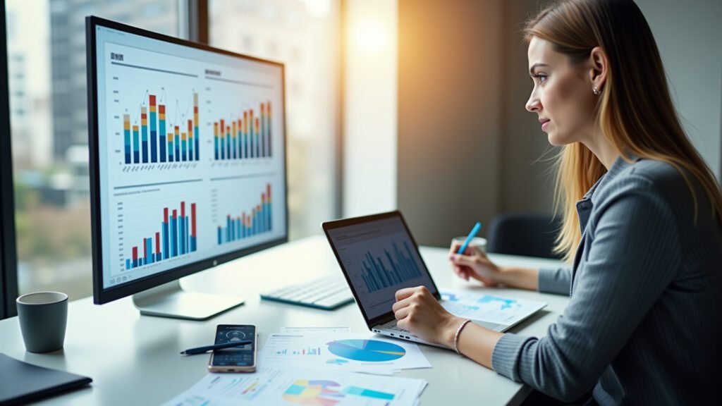 Relatório de desempenho de marketing digital com gráficos e tabelas.