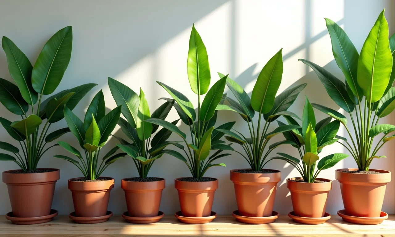 Diversas plantas de baunilha em diferentes vasos, mostrando opções de recipientes.