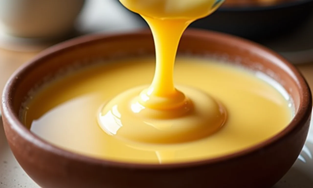 Doce de Leite Viçosa sendo despejado em um recipiente.