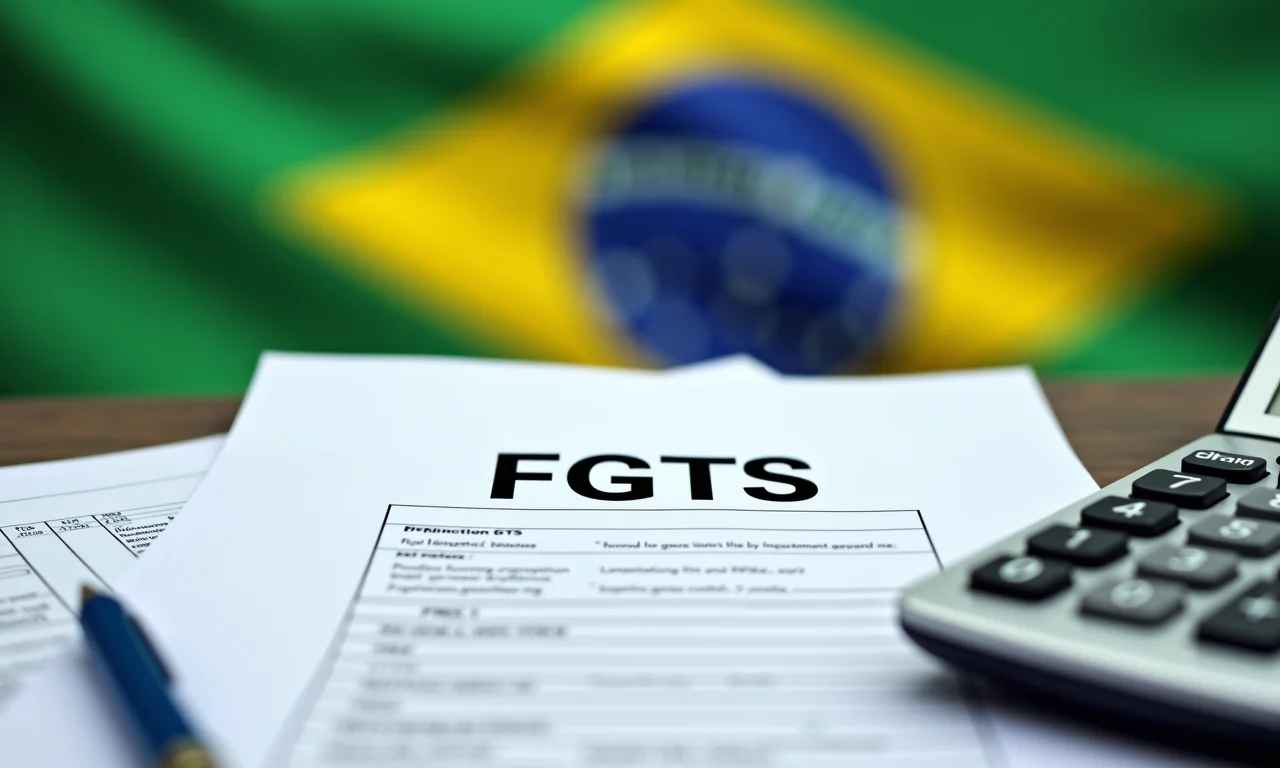 Documentos do FGTS com calculadora e bandeira do Brasil ao fundo.