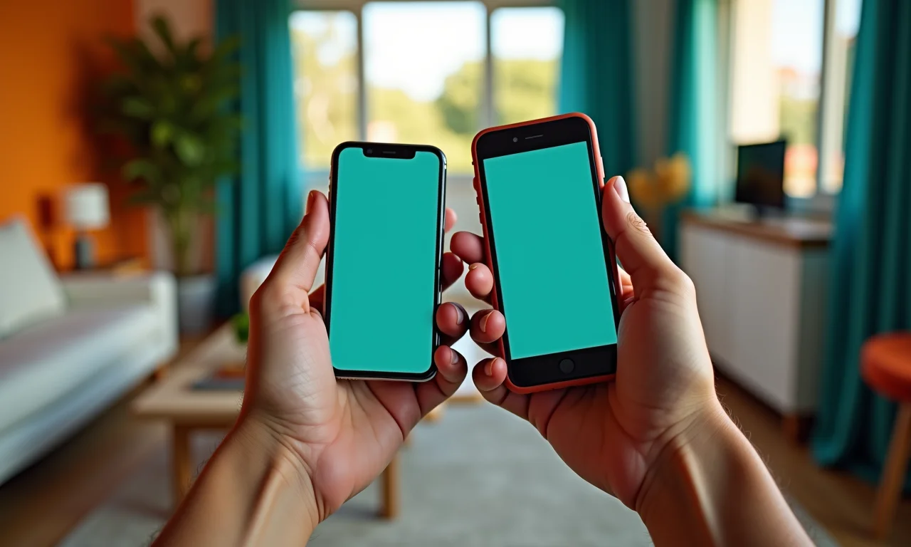 Dois iPhones de tamanhos diferentes sendo segurados.