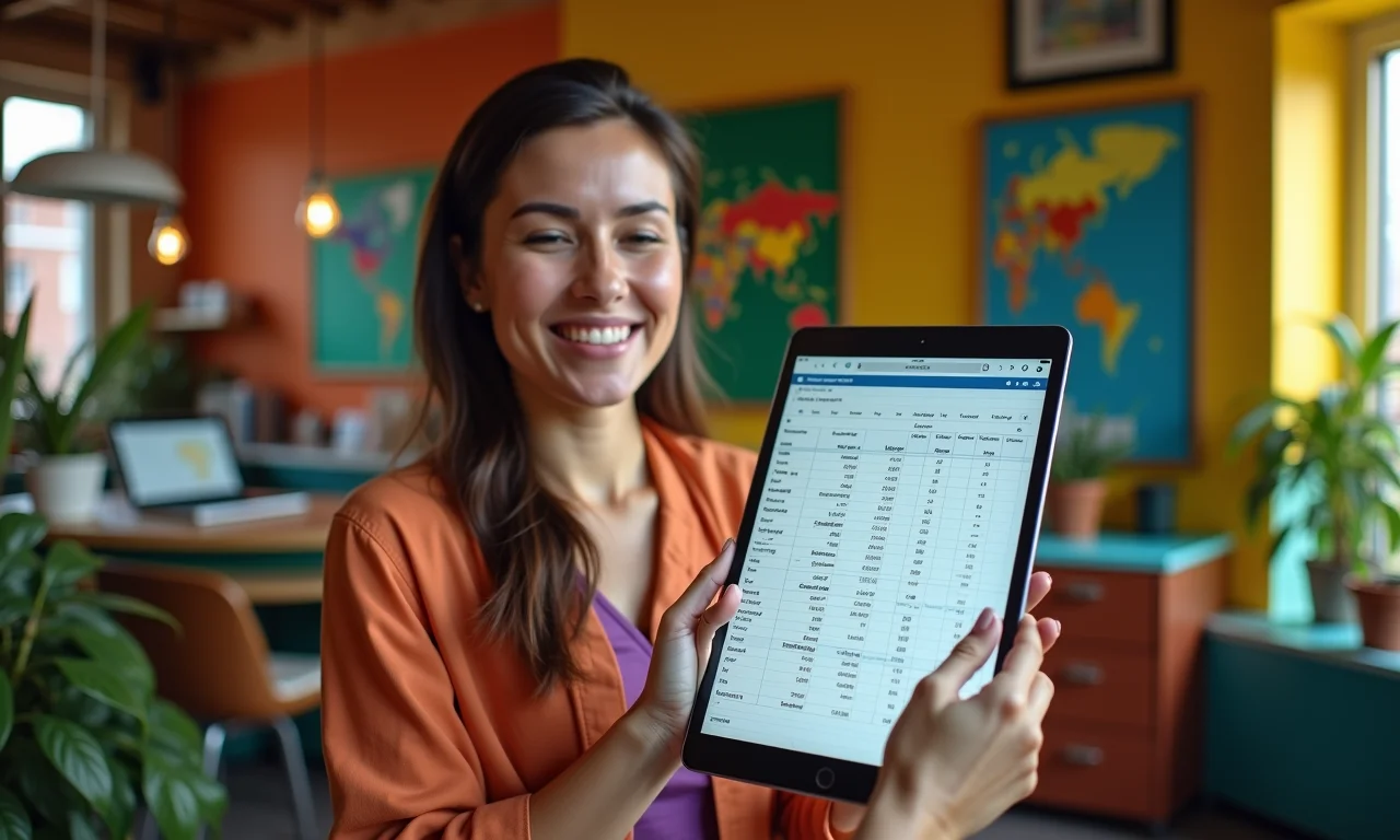 Dono de loja analisando planilha de controle de estoque em tablet.