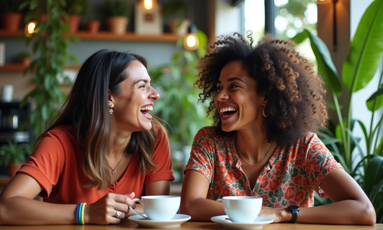 Duas amigas rindo e conversando em um café aconchegante.