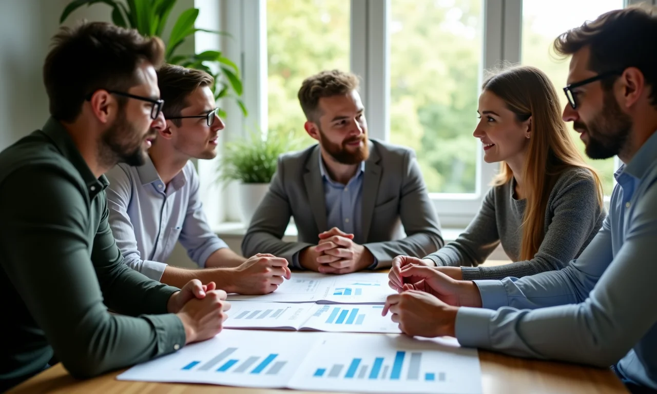 Empreendedores discutindo um novo negócio sustentável, mostrando os benefícios econômicos da economia circular.