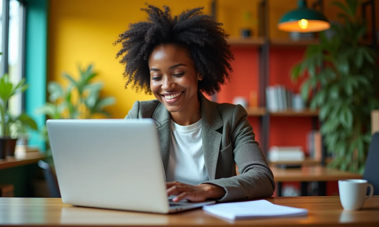 Empresária cria conteúdo envolvente em seu laptop em escritório vibrante com design brasileiro.