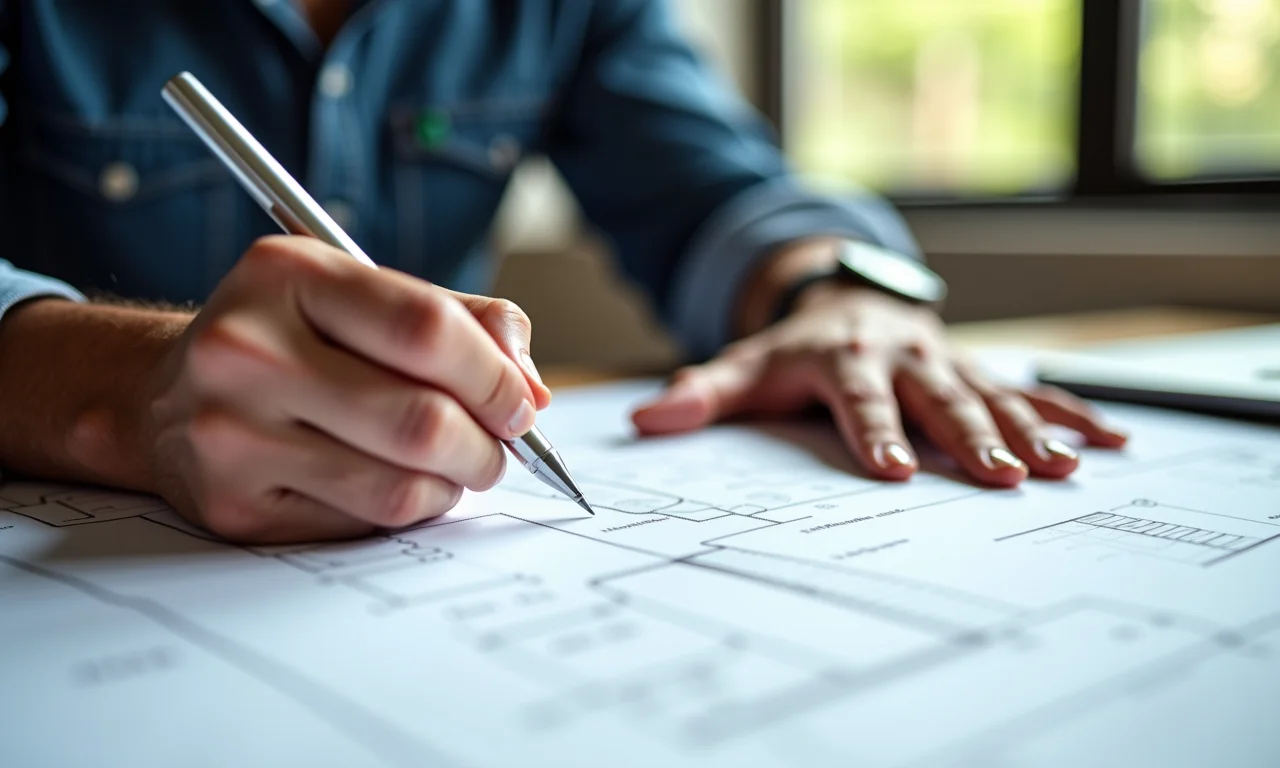 Engenheira preenchendo formulário de ART, com projetos e ferramentas ao redor.