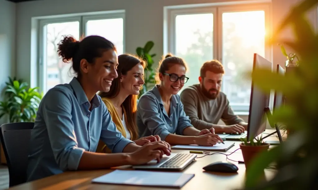 Equipe brasileira colaborando usando Monday.com em um escritório vibrante e iluminado.
