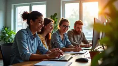 Equipe brasileira colaborando usando Monday.com em um escritório vibrante e iluminado.