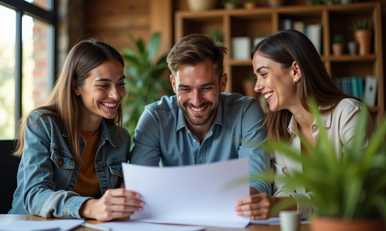 Equipe colaborando em projeto com sorrisos em escritório estilo Farm Rio.
