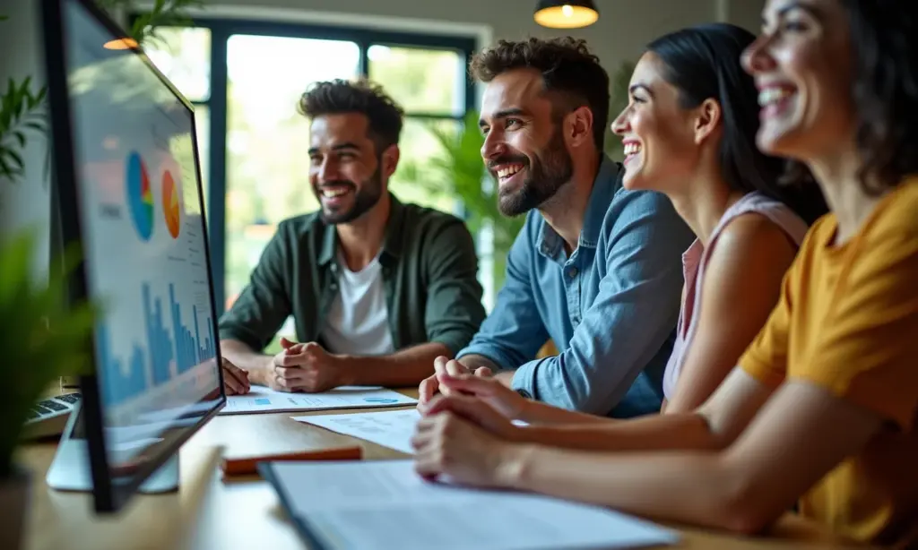 Equipe diversa analisando dados de marketing em dashboard colorido.