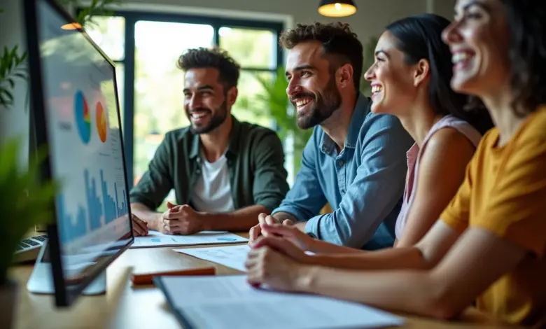 Equipe diversa analisando dados de marketing em dashboard colorido.