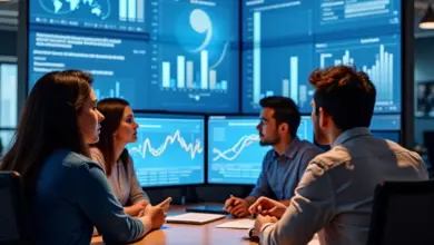 Equipe diversa analisando dados de ROI social em telas grandes.