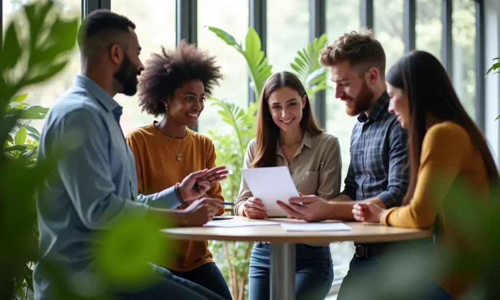 Qual A Diferença De Recursos Humanos E Gestão De Pessoas? Equipe diversa colaborando em escritório ensolarado, discutindo estratégias de RH e gestão de pessoas.