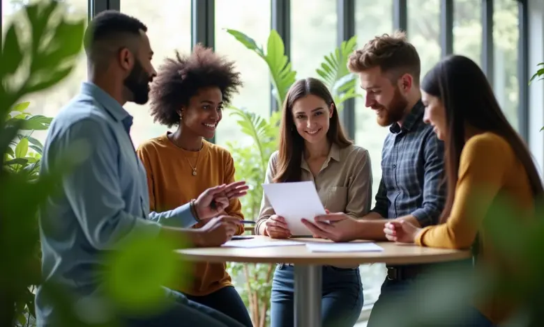Equipe diversa colaborando em escritório ensolarado, discutindo estratégias de RH e gestão de pessoas.