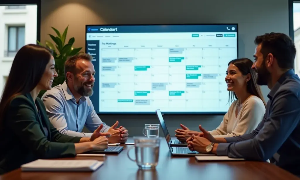 Equipe diversa usando Calendly para agendar reuniões facilmente em um escritório moderno e vibrante.