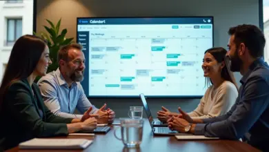 Equipe diversa usando Calendly para agendar reuniões facilmente em um escritório moderno e vibrante.