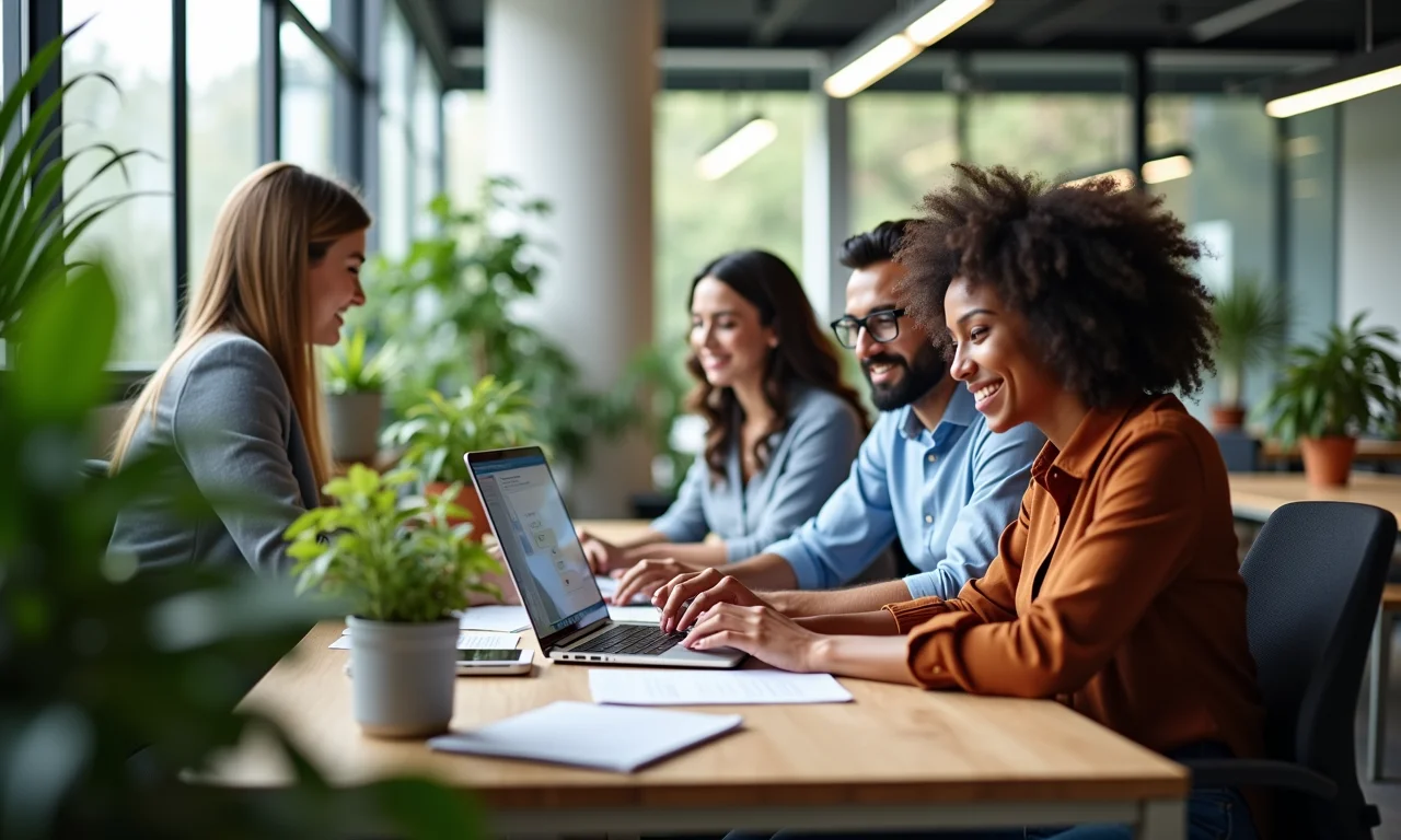 Equipe diversificada colabora usando ferramentas digitais em escritório moderno com plantas.