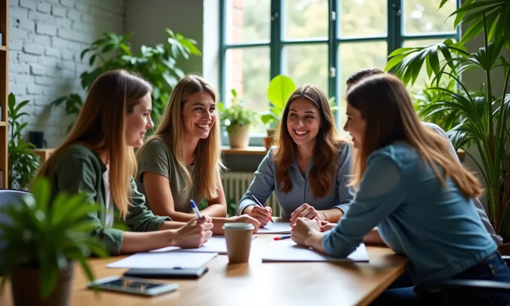 Equipe diversificada colaborando em um ambiente de trabalho vibrante.