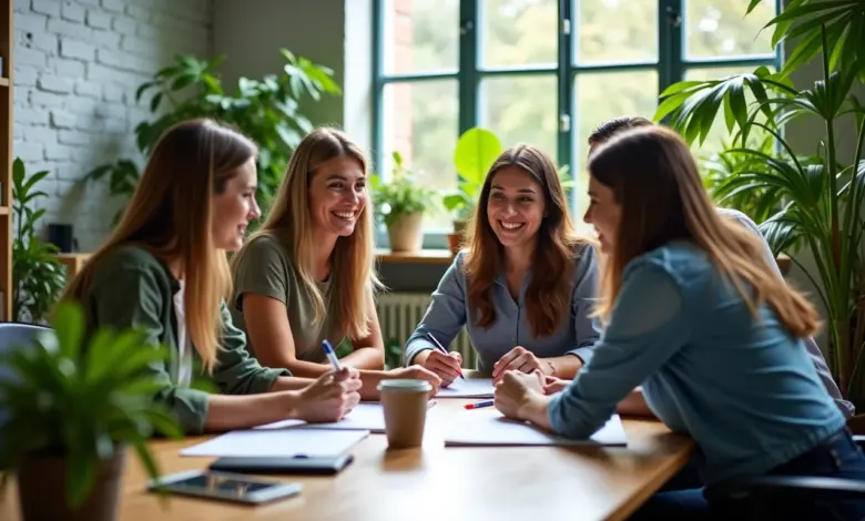 Equipe diversificada colaborando em um ambiente de trabalho vibrante.
