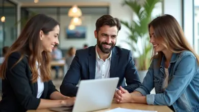 Equipe diversificada colaborando remotamente em escritório moderno, adaptando-se à economia de baixo contato.