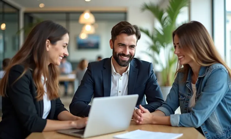 Equipe diversificada colaborando remotamente em escritório moderno, adaptando-se à economia de baixo contato.