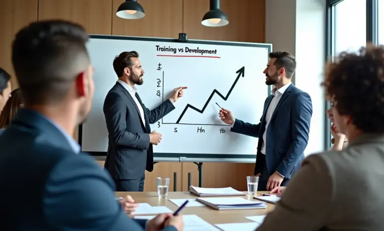 Equipe diversificada discutindo treinamento e desenvolvimento.