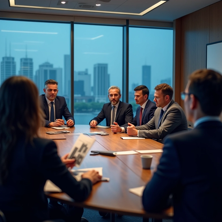 Equipe executiva tomando decisões baseadas em dados fornecidos por IA.