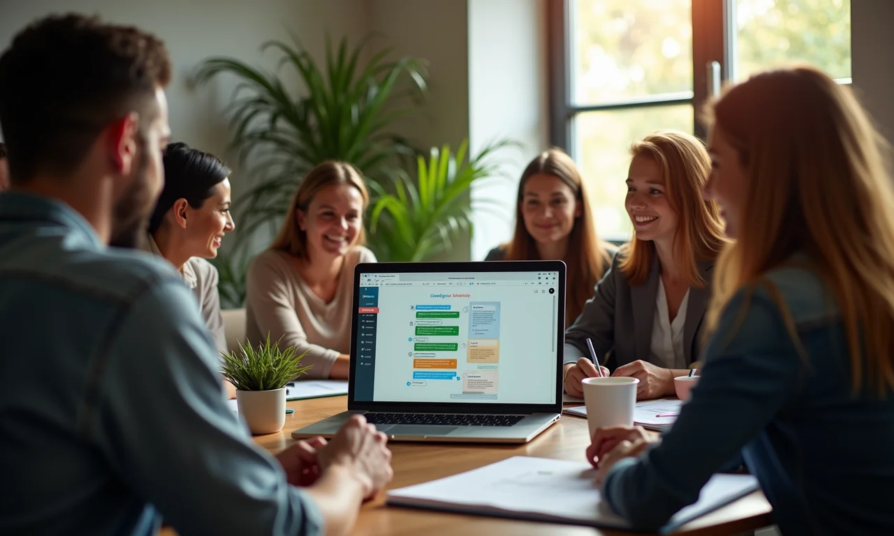 Equipe usando o chat do Monday.com para discutir o progresso do projeto.