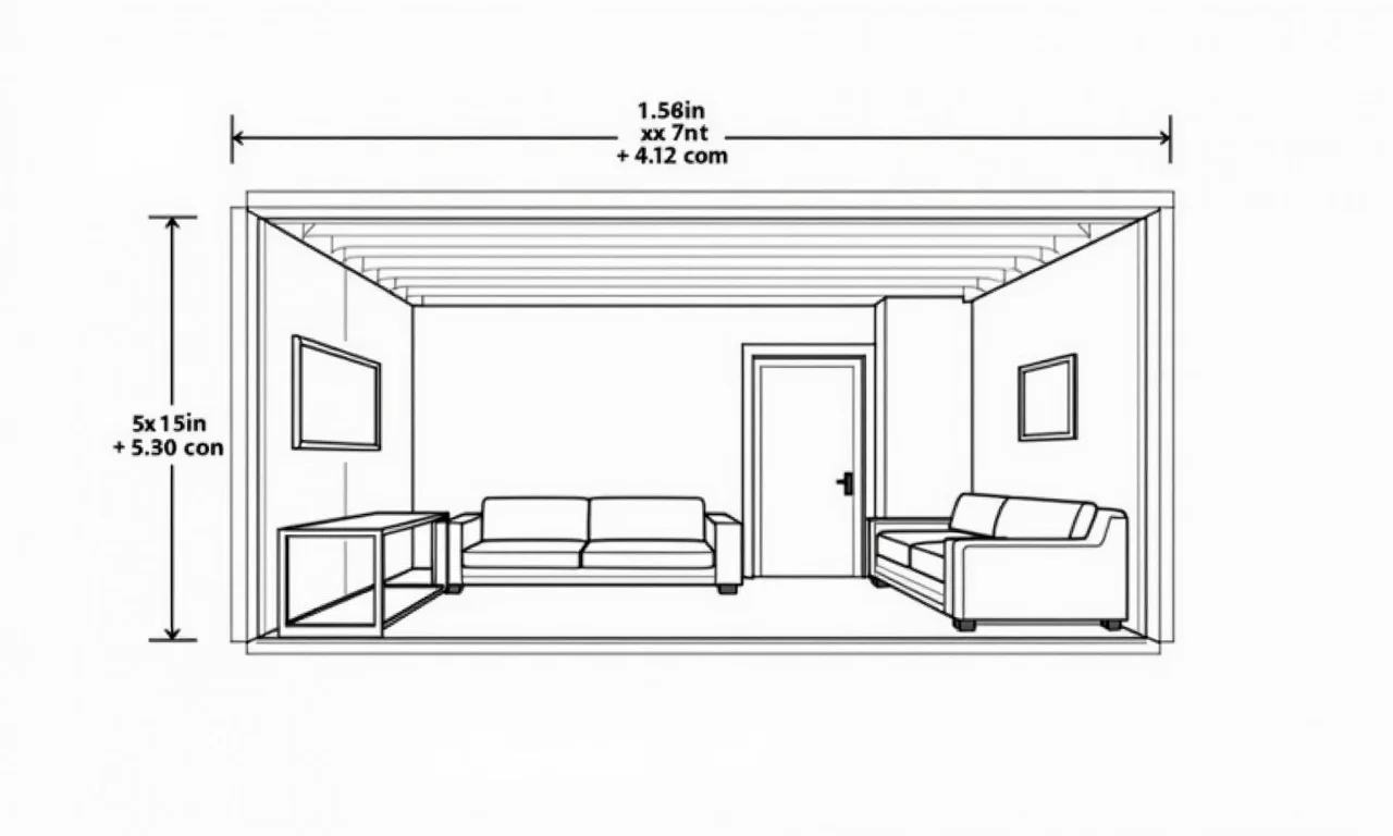 Esboço de design de interiores com anotações de largura e comprimento.