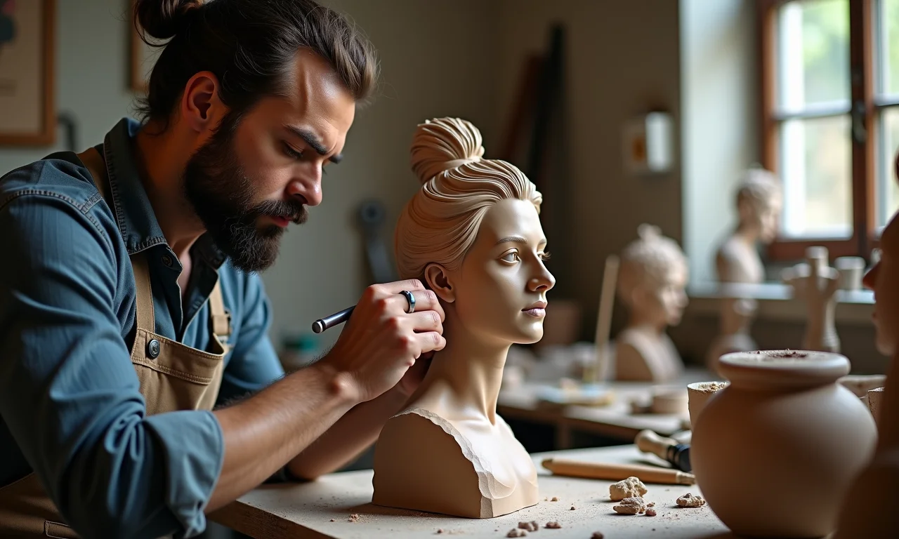 Escultor trabalhando em escultura de argila.
