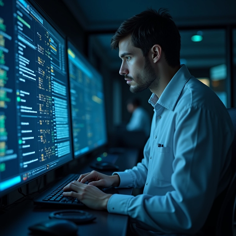 Especialista em forense digital analisando dados de computador.