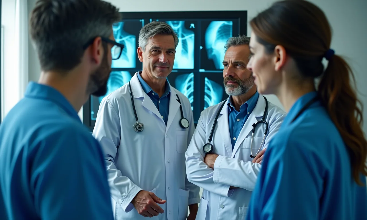 Especialistas médicos analisando raio-x em conjunto.