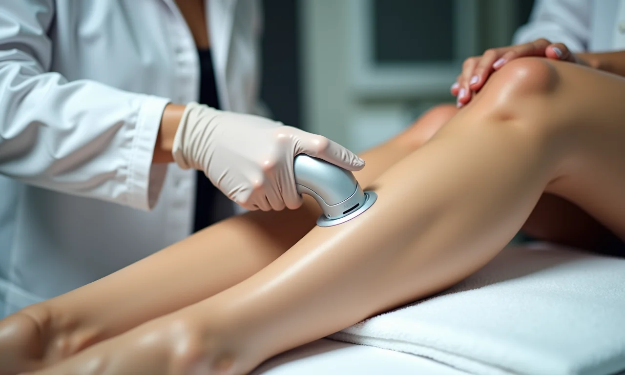 Esteticista aplicando laser Alexandrite nas pernas de uma mulher em salão.