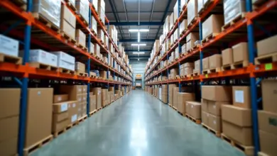 Estoque organizado de loja de materiais de construção com prateleiras cheias.